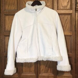 Mudd White Faux Suede Jacket Faux Fur Lined & Trim Full Zip Y2K 90s Retro Coat